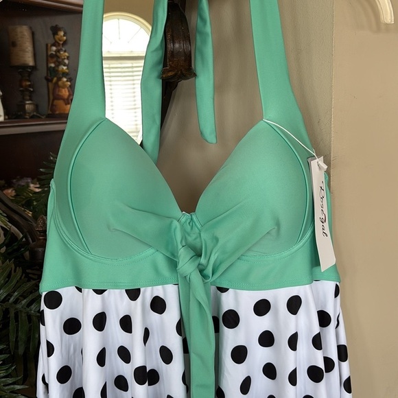 Brand New Rosegal Plus Size Swim Tankini Top Flowy Halter Green w/ Polka Dots - Picture 11 of 16